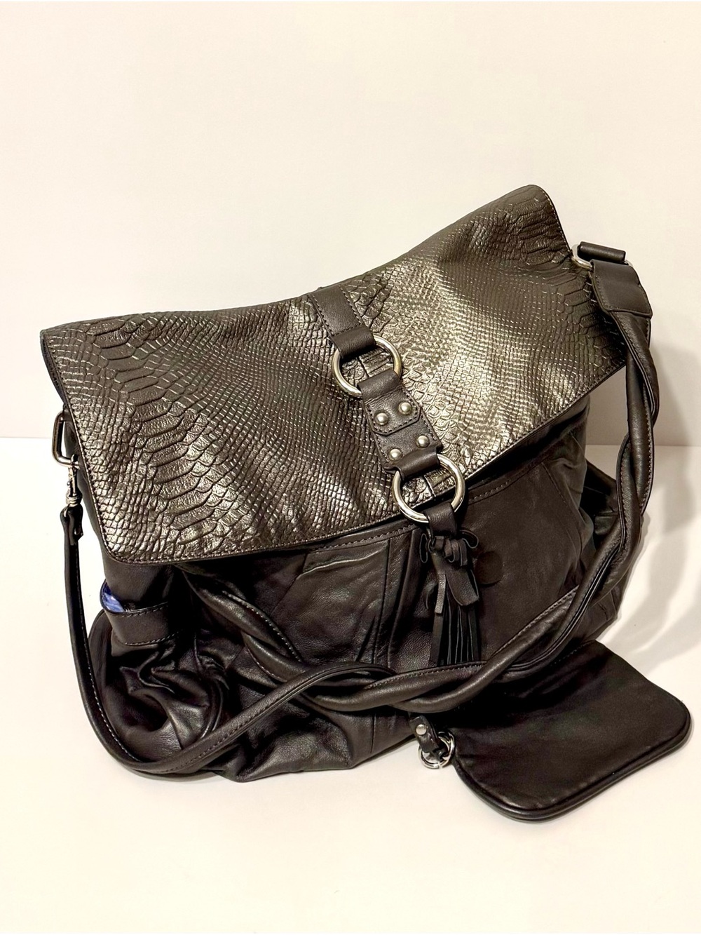 Leather Gunmetal Hobo Shoulder Bag with Snake Texture, Tassel and Mini Wrist